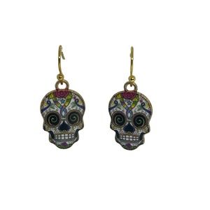 Sugar Skull Earrings Spiral Eyes - Gold Plated Enamel - Hypoallergenic